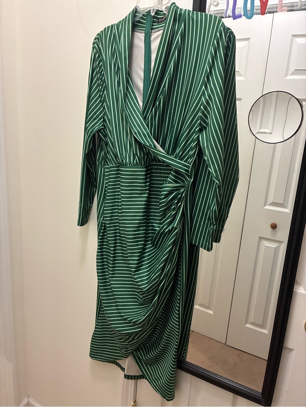 Green and White Striped Wrap Midi Dress